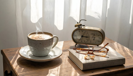 A relaxing moment of hygge, capturing a warm cup of coffee, reading material, and an antique clock.の素材