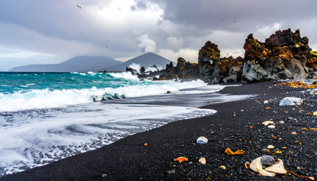 Dramatic volcanic black sand beach with intense, turquoise waves crashing onto the shore under a cloudy sky.の素材