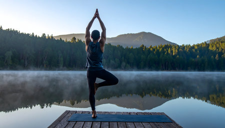 Fit middle-aged man practices yoga tree pose by foggy lake at dawn, finding balance and tranquility in nature.の素材