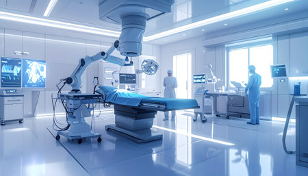 Automation in medicine a sleek robotic surgeon in a brightly lit, high-tech hospital environment.の素材