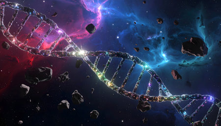 A glowing, massive DNA double helix spirals through a dark, nebula-filled cosmic background with asteroids, symbolizing the universe's codeの素材