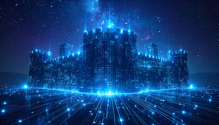 A massive digital fortress constructed from glowing blue circuit boards and microchips under a data-streamed, starry night skyの素材