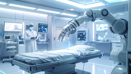 Modern healthcare and innovation white robot arm over a sterile hospital bed with a blurred doctor in the backgroundの素材