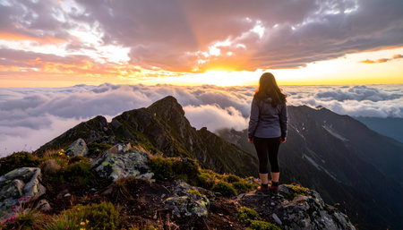 A lone female hiker stands on a rocky summit, watching the bright golden sunrise over a vast, cloudy mountain rangeの素材