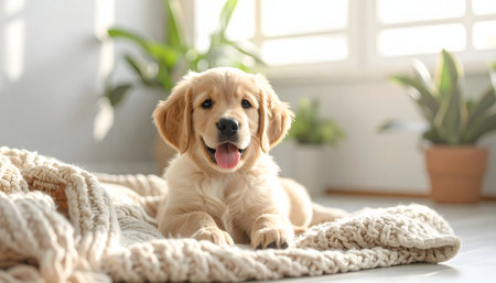 Cute Golden Retriever puppy lying on warm plaid at homeの素材