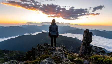 Epic view of an alpine landscape with a woman celebrating success at the peak above a sea of low-hanging cloudsの素材