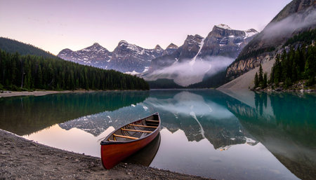 Glassy alpine lake perfectly reflecting snow-capped mountain peaks and pine forests at dawn or twilight.の素材