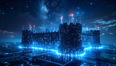 Concept art of a monumental digital city architecture, a towering structure built with intricate electronic components and codeの素材