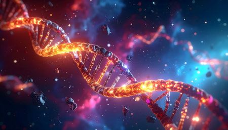 Explore the molecular biology of the cosmos: a monumental, fiery DNA strand amidst dark, icy space debris and starlightの素材