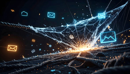 Cybersecurity concept a glowing spider web of threads capturing and processing messages and cloud data.の素材