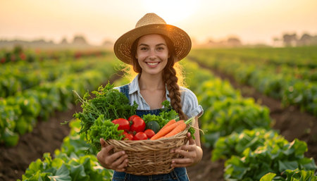 Capture an authentic, high-quality image of a successful agricultural worker showcasing her fresh produce at sunset.の素材