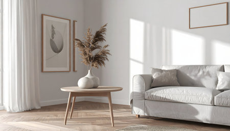 Cozy, contemporary home decor with hardwood floors, white walls, and a focus on hygge-inspired, simple livingの素材