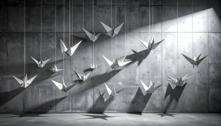 A monochrome composition of origami paper cranes suspended against a rough, textured concrete wall with dramatic shadowsの素材