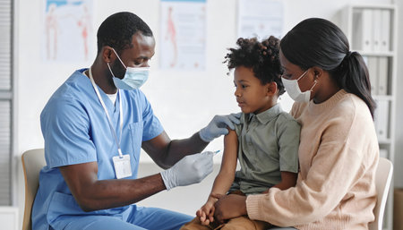 a child receiving a painless flu shot, supported by an adult presenceの素材