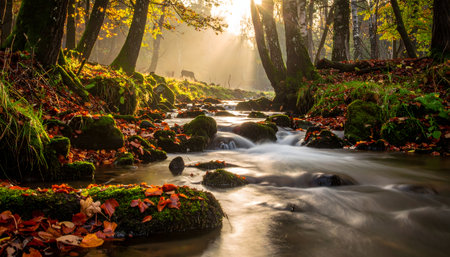 Autumn forest stream with colorful leaves and sunbeams in the backgroundの素材