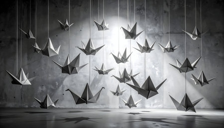 a group of white paper birds casting long shadows on a grey wallの素材