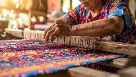 Close-up shot of a skilled female artisan's hands weaving a richly colored, intricate traditional textile on a wooden loom.の素材