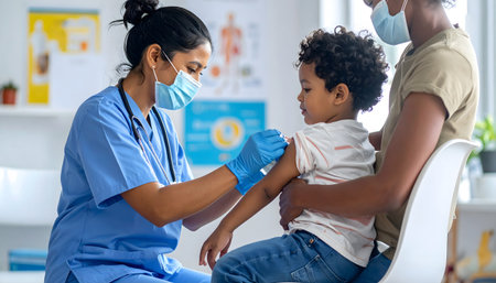 Medical scene showing a nurse wearing personal protective equipment (PPE) providing care in a bright doctor's officeの素材