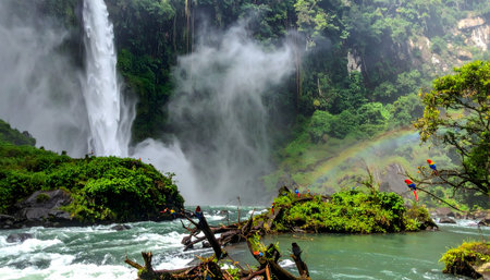 High-energy nature scene with a magnificent cascade of white water framed by bright, wet, green jungle plants.の素材