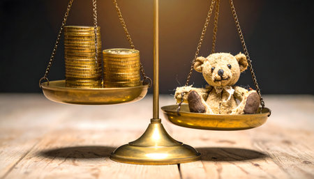 Create a symbolic graphic showing money and a teddy bear perfectly balanced, representing lifestyle choices and priorities.の素材