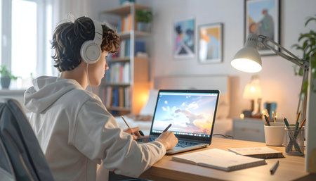 Photo of a serious student taking notes while attending a video lecture on a modern laptop in a comfortable setting.の素材
