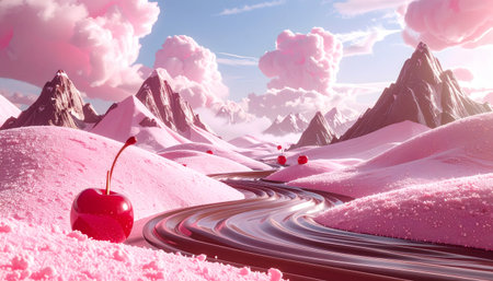 Create a sweet, vibrant, and whimsical food-themed landscape with smooth, curving valleys and towering chocolate mountains.の素材