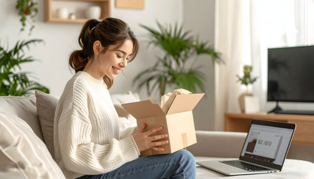 A cheerful woman enjoying her successful e-commerce purchase, looking up from an open package at home.の素材