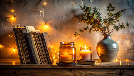 Warm, cozy evening relaxation still life with two flickering candles, a vase of eucalyptus branches, and soft fairy lights creating a peaceful atmosphereの素材