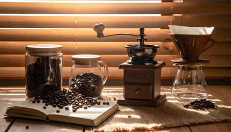 Artisan coffee grinding ritual: hand-crank burr grinder mid-process with dark roasted beans, close-up, selective focusの素材