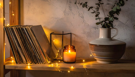 A rustic wooden shelf holding a stoneware vase with greenery, two glowing candles, and a stack of books or albums in soft, golden light.の素材
