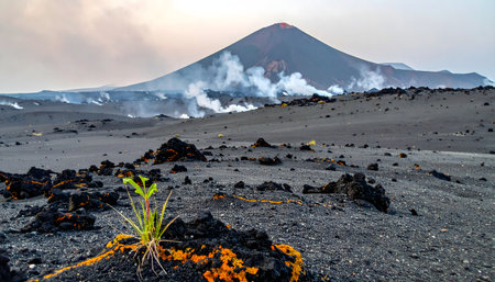 Epic view of a volcanic environment, showcasing the raw, gray texture of the ash and dramatic geological activityの素材