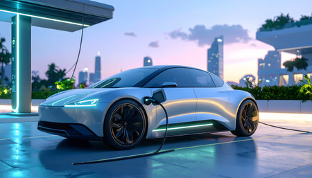 E-mobility in the metropolis a close-up of an electric car taillight while connected to a power supply.の素材