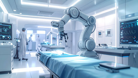 Futuristic hospital operating room featuring an advanced medical robotic arm ready to assist in surgeryの素材