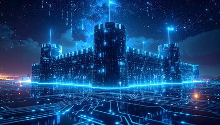 Abstract representation of data protection and network security as an immense, neon-blue technological strongholdの素材