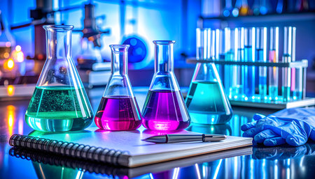 Laboratory glassware with colorful liquid on laboratory table background, science research conceptの素材