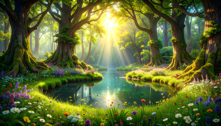 Magical forest grove with a circular pool of water, sun rays filtering through the canopy, ethereal and mystical atmosphereの素材