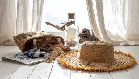 Bright, airy still-life of a woven hat, evoking luxury resort or seaside living and fashion.の素材