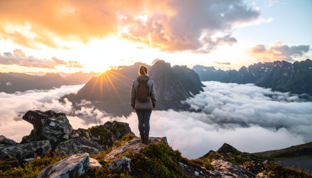 sunrise illuminates a powerful mountain vista, a moment of solitude and achievement for a travelerの素材