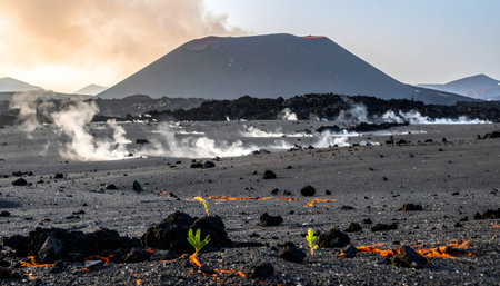Barren volcanic plain blanketed in gray ash with steaming fissures, an alien and desolate thermal landscapeの素材