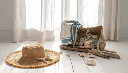 A casual, elegant still-life of a straw hat against a bright wall for a travel and leisure conceptの素材