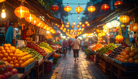 A vibrant, atmospheric night market street scene illuminated by glowing red and orange traditional lanterns.の素材