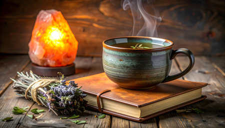 Cozy corner with a steaming cup of tea, a journal, and a salt lamp, perfect for relaxationの素材