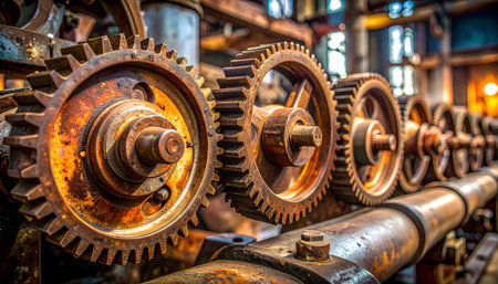 Close-up view of vintage mechanical gears and cogs, emphasizing industrial history and heavy machineryの素材