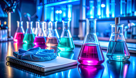 Close-up of glowing neon liquids in glass beakers on a dark research lab benchの素材