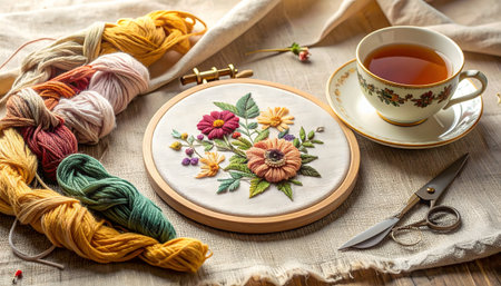 A cozy still-life of hand embroidery in process, featuring thread, needle, and cotton on a workspaceの素材