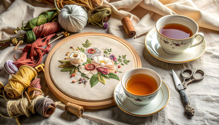 close-up of an embroidery hoop and colorful thread for a DIY and leisure conceptの素材