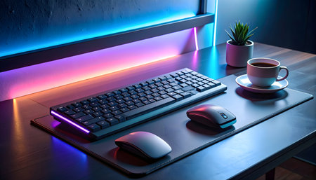 Minimalist desk setup with a sleek, wireless mechanical keyboard featuring glowing pastel backlight, clean design, soft focusの素材