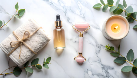 A clean, serene flat lay for health and relaxation, using natural light to highlight the texture of the marble and the simple, elegant objects.の素材