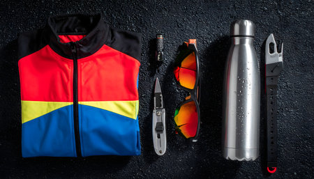 Flatlay of a vibrant, multi-colored cycling jersey, helmet, mirrored sunglasses, water bottle, and utility tools on a dark, textured background.の素材