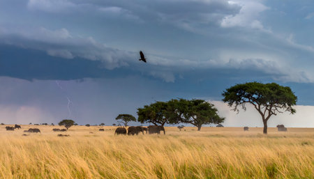 An expansive view of the golden-hued savanna, where tall grasses sway beneath dark storm clouds and a solitary bird soars over the horizon.の素材